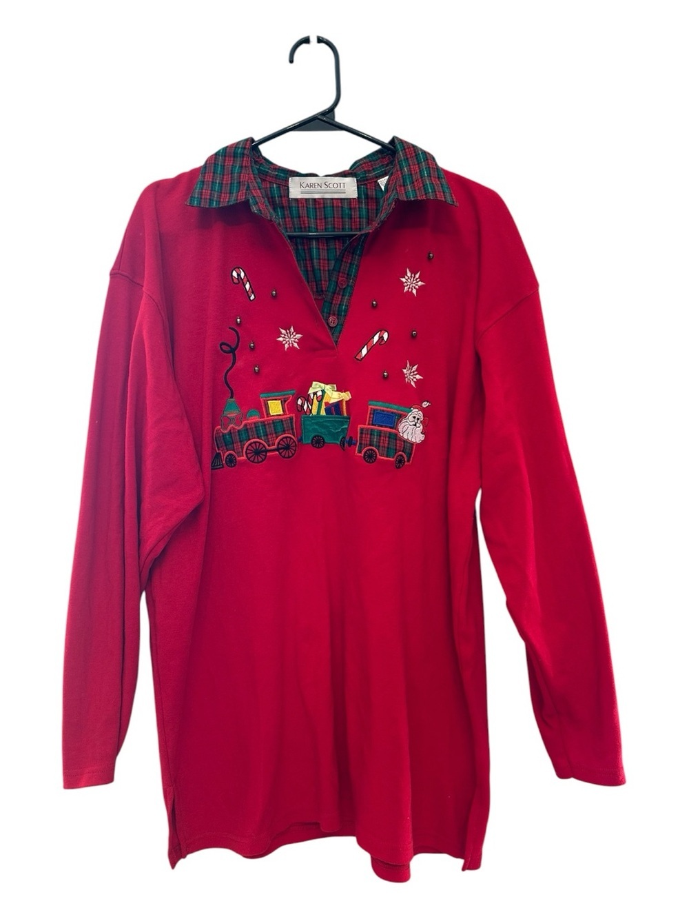 Vintage Y2K Karen Scott Red Long Sleeve Tee w Plaid Collar & Embroidered Train L
